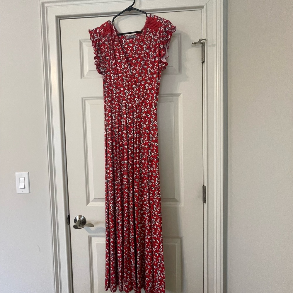 Red and White Ruffled Wrap Maxi Sundress